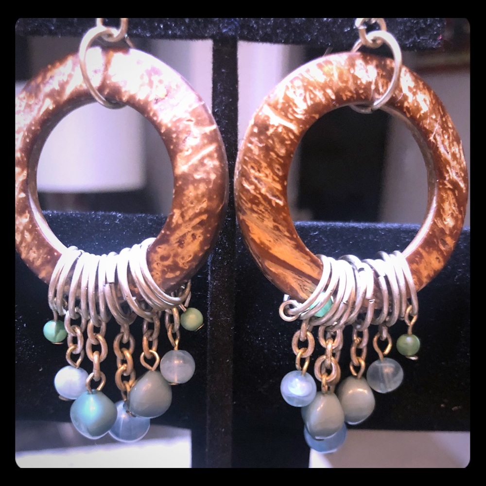 Wooden stainless steel and stone earrings